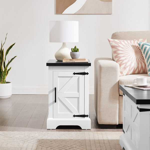 Farmhouse tea table bedside table rectangular farmhouse tea table with barn door and adjustable storage rack, white
