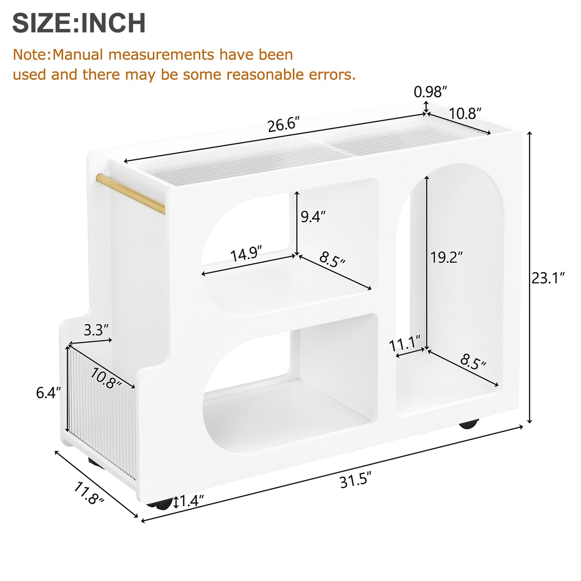 Stylish mobile desk with lockable wheels, white bedside table with 5mm thick grooved tempered glass and gold round bars