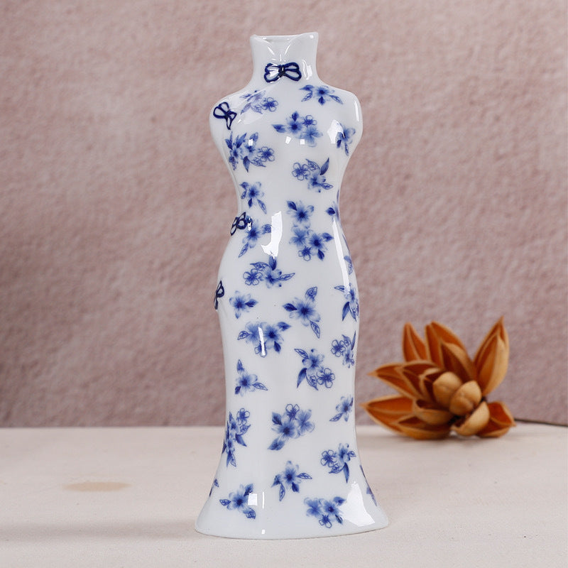 Ceramic ornaments blue and white porcelain mini vases cheongsam flower arrangements living room home decorations