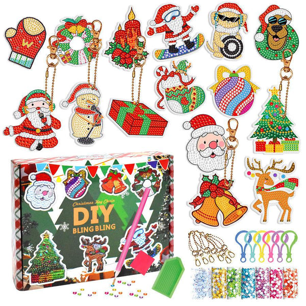 Christmas Diamond Painting Keychain 5D DIY Hanging Diamond Art Kits Diamond Ornaments for Kids Christmas Crafts Family Decor