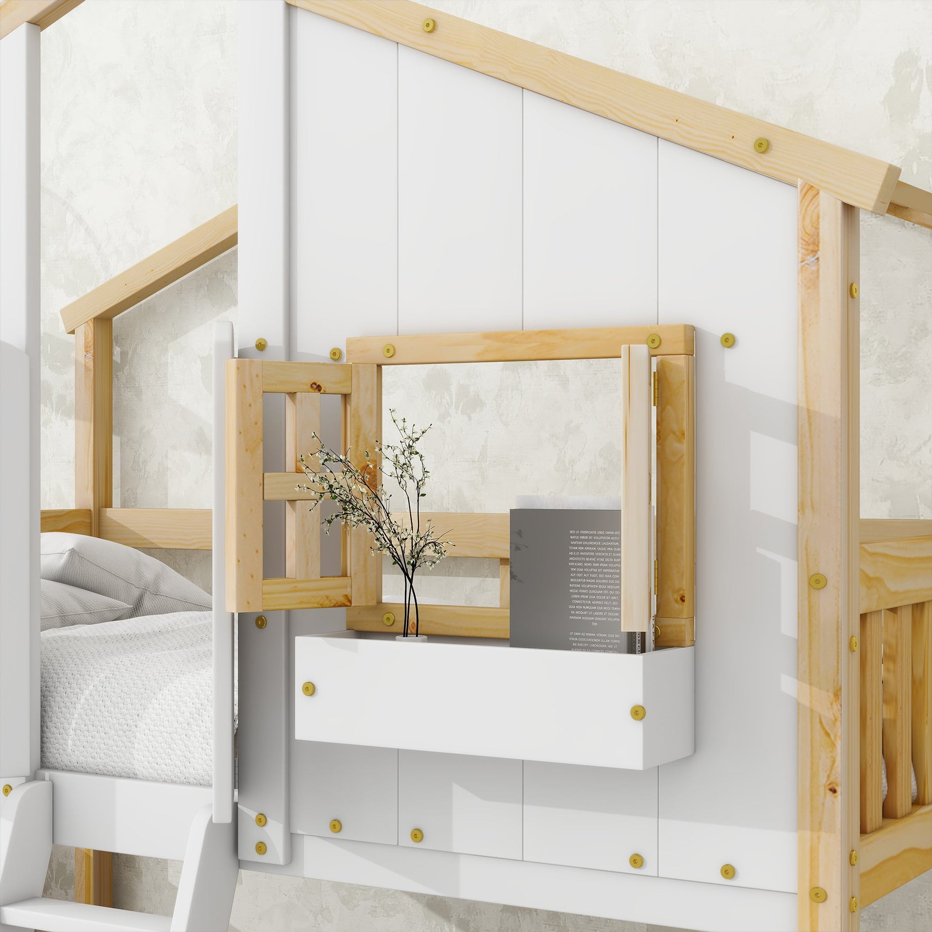 Twin over Twin House Bunk Bed with Roof , Window, Window Box, Door , with Safety Guardrails and Ladder, Natural/White