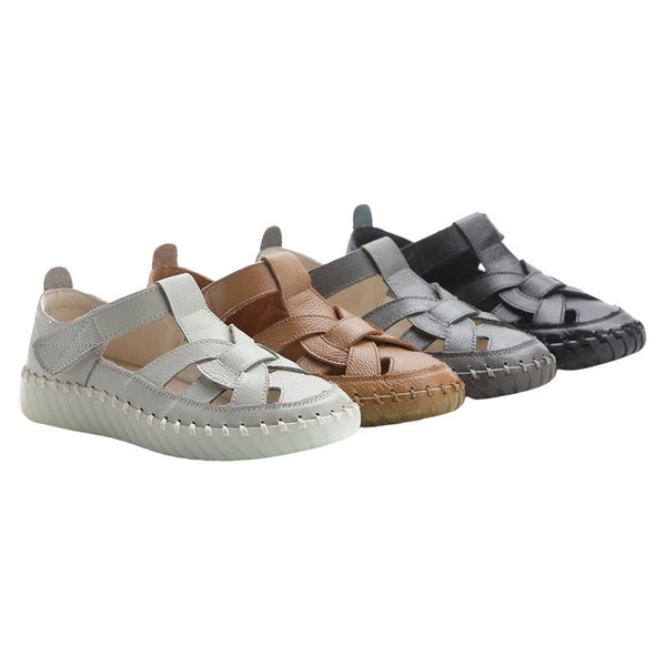 Leather perforated shoes with hollowed out toe caps for women soft soled non slip flat sandals for women