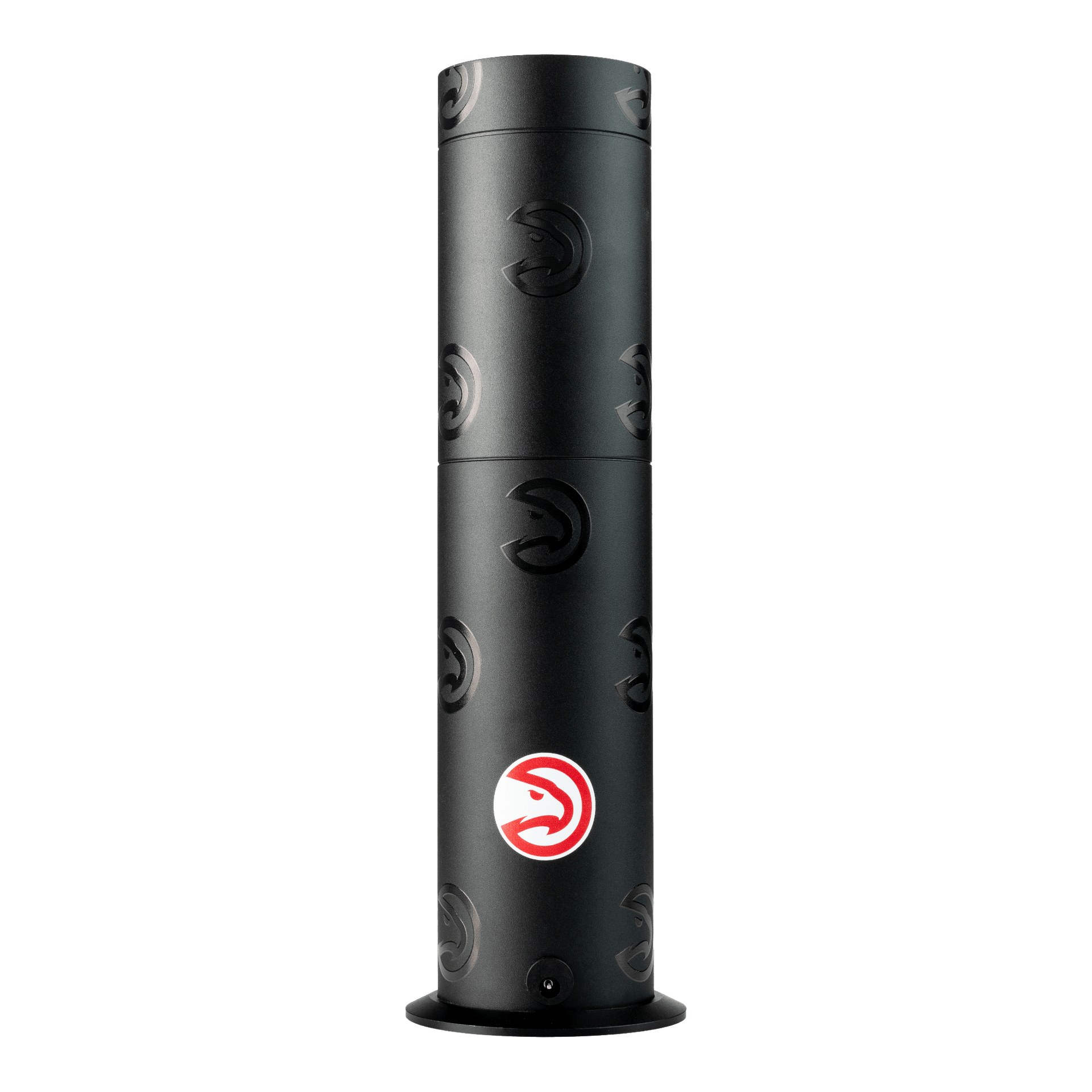 Black cylindrical product with a logo on a white background