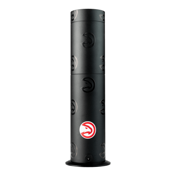Black cylindrical product with a logo on a white background