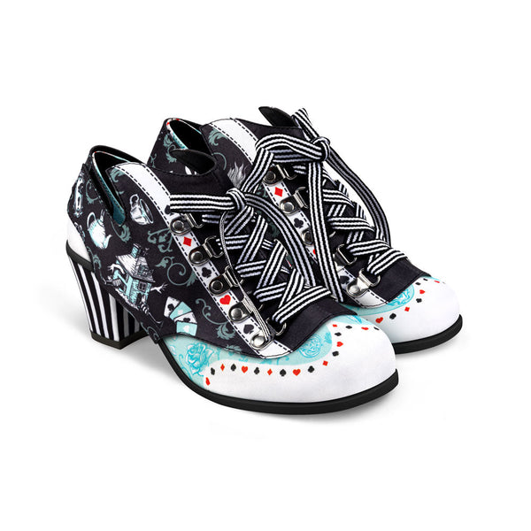 Hot Chocolate Design - Alice Mid Heel Pair of colorful shoes with intricate designs on a white background