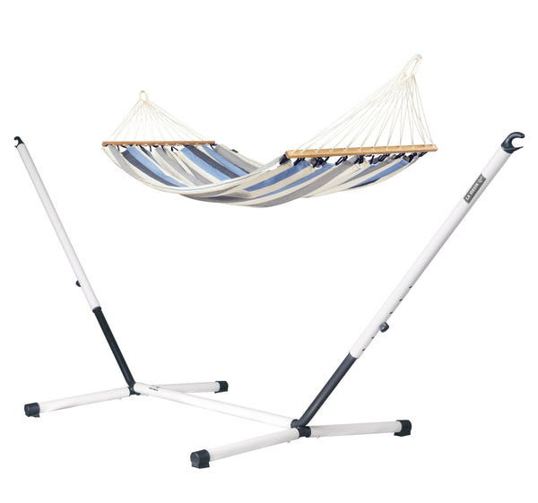 Nautico Cool Grey Outdoor R Sea Salt - Weather-Resistant Double Spreader Bar Hammock with Powder Coated Steel Stand