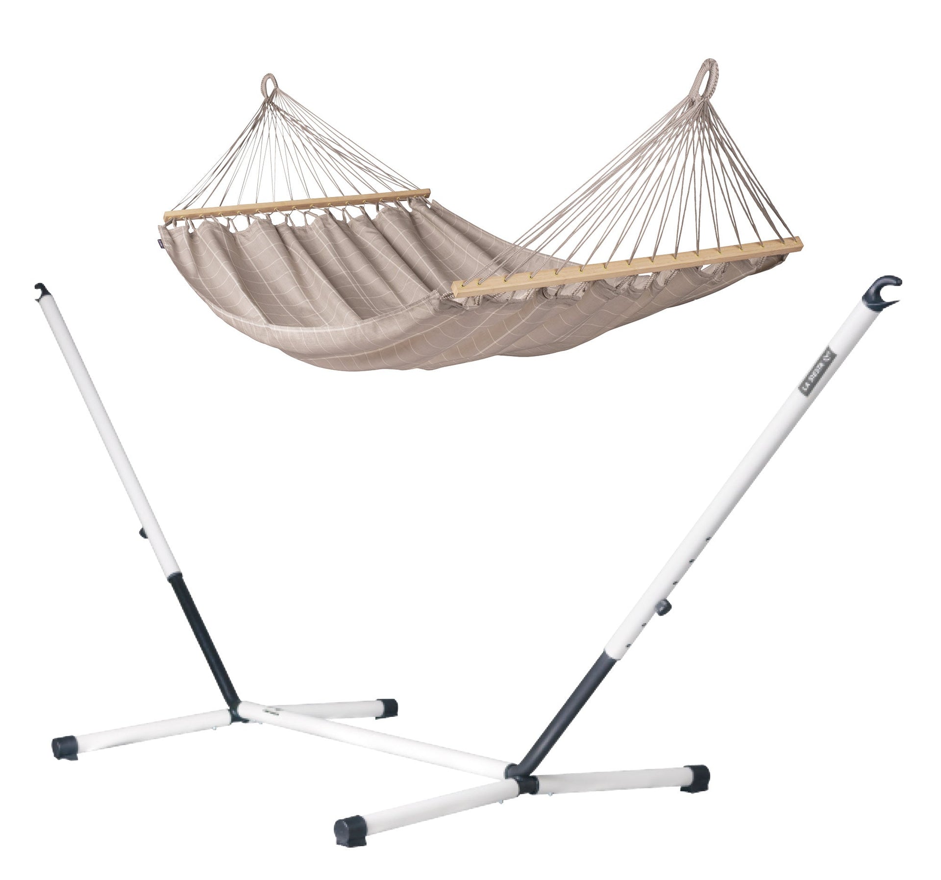 Nautico Cool Grey Outdoor R Almond - Weather-Resistant Double Spreader Bar Hammock with Powder Coated Steel Stand LA SIESTA