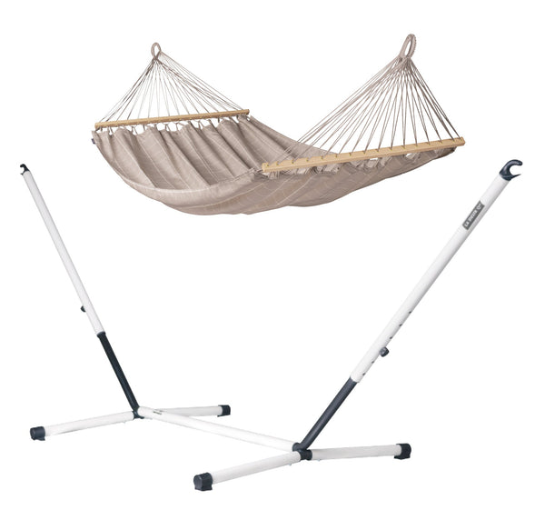 Nautico Cool Grey Outdoor R Almond - Weather-Resistant Double Spreader Bar Hammock with Powder Coated Steel Stand LA SIESTA