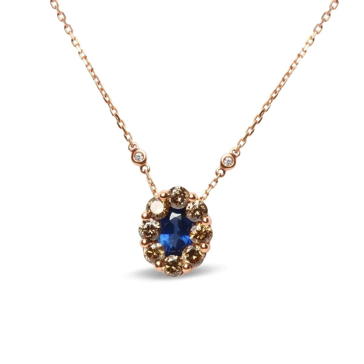 18K Rose Gold 5/8 Cttw White and Brown Diamond Accent and 7 x 4mm Oval Blue Sapphire Gemstone Statement Halo Cluster Pendant Necklace (Brown and G-H Color, SI1-SI2 Clarity) - Adjustable up to 16