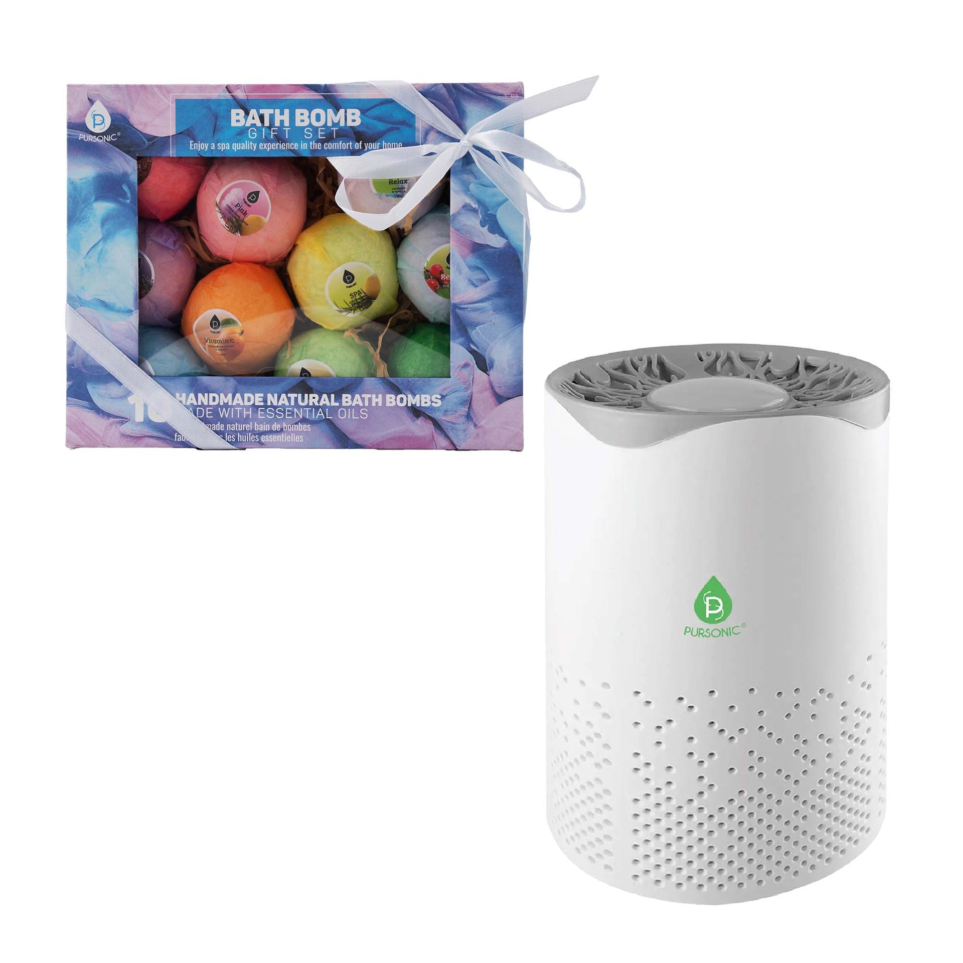 Pursonic Clean Air & Relaxation Bundle – Includes USB Powered True HEPA Air Purifier + 10 Handmade Organic Bath Bombs