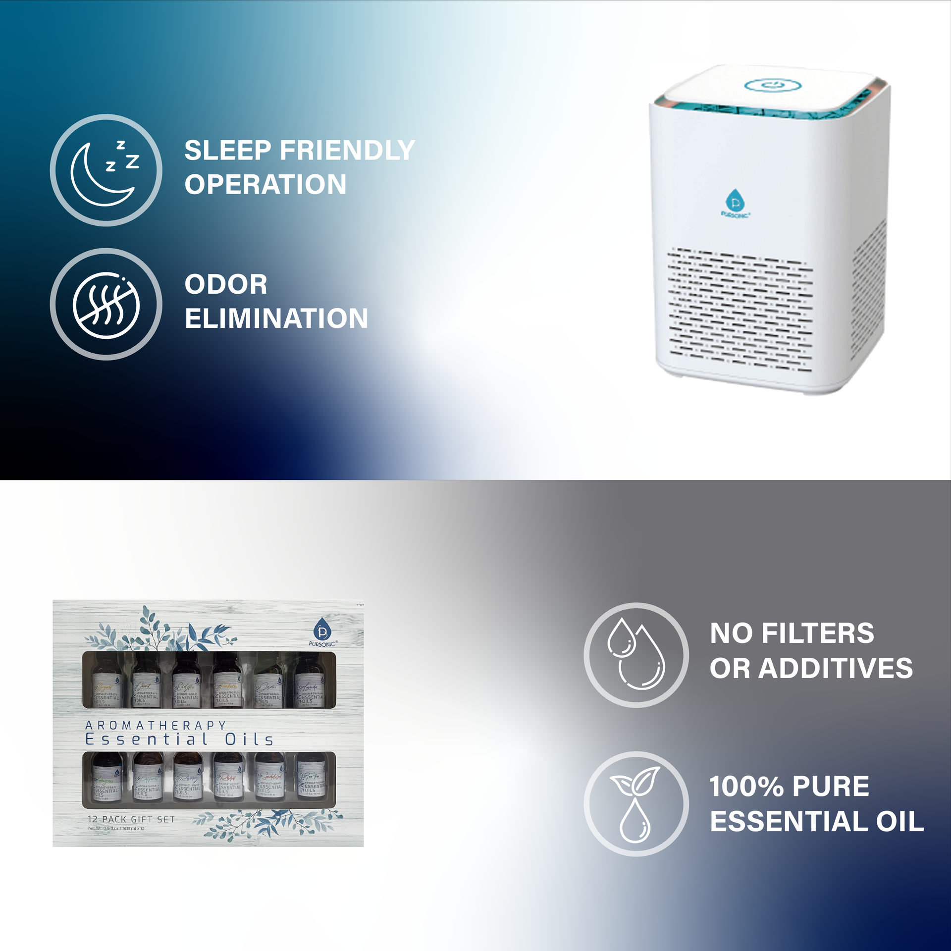 Pursonic Clean Air & Aromatherapy Bundle – True HEPA Air Purifier with 12 Essential Oils