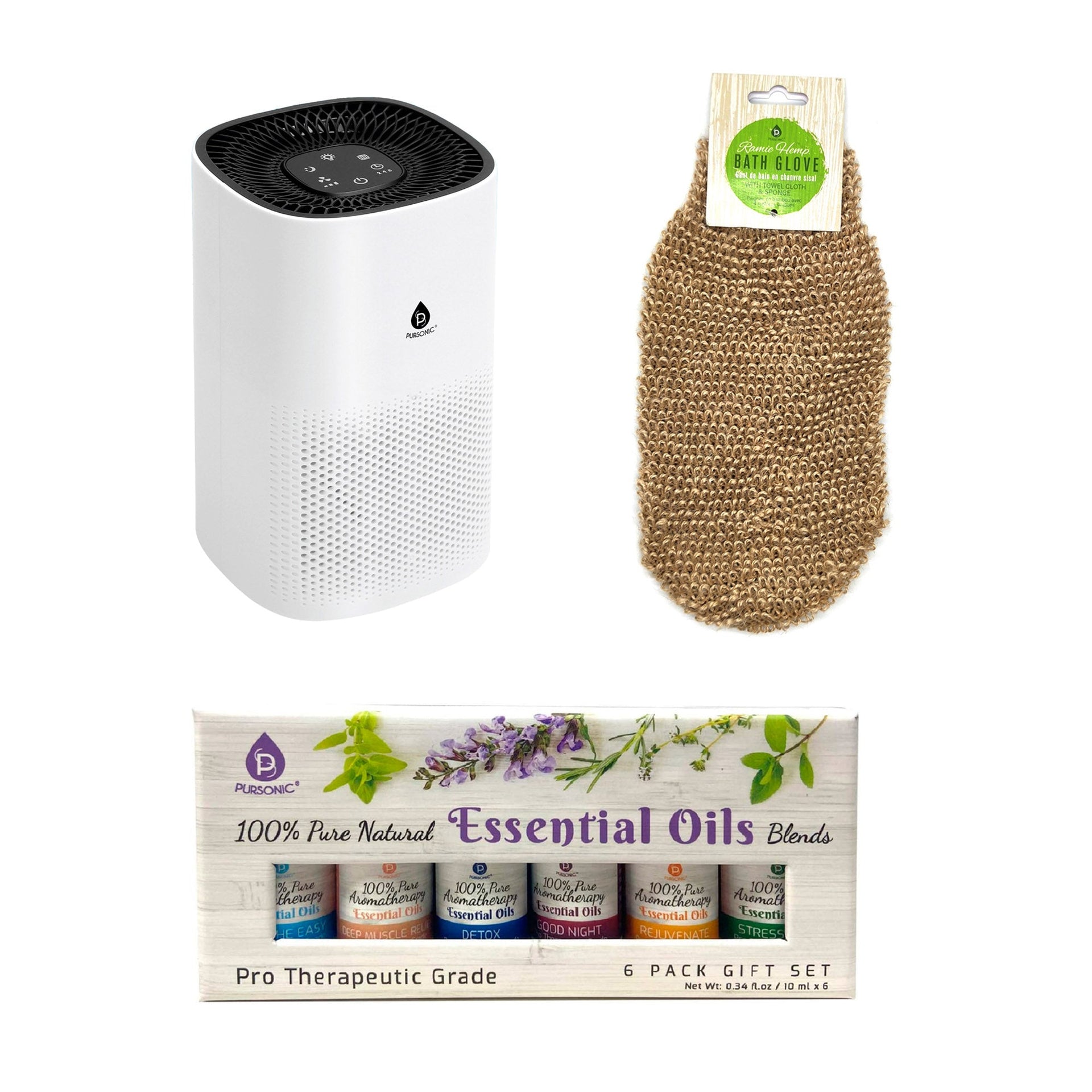 Pursonic True HEPA Air Purifier, Essential Oil Wellness Blends, and Sisal Hemp Bath Gloves