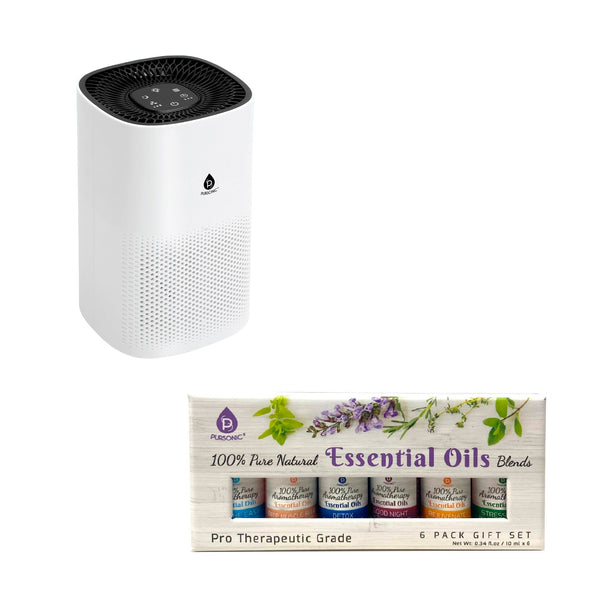 Pursonic Purify & Relax Home Wellness Bundle - True HEPA Air Purifier & 6 Pack of 100% Pure Essential Oils Blends