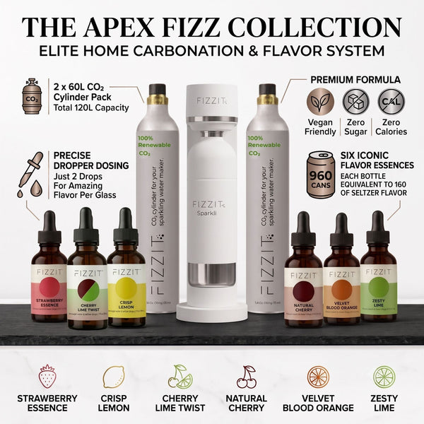 The APEX FIZZ Collection by FIZZIT: Elite Home Carbonation System Bundle | Includes Premium Soda Maker, Stainless Steel Bottle, Two 60L CO2 Cylinders, & 6 Zero-Sugar Flavor Drops (960 Cans Equivalent)