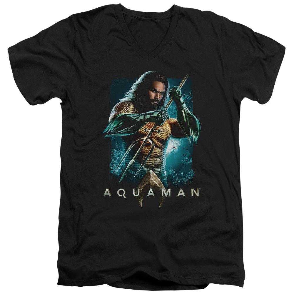 Aquaman Movie Trident Mens Slim Fit V-Neck T Shirt Black Officially Licensed