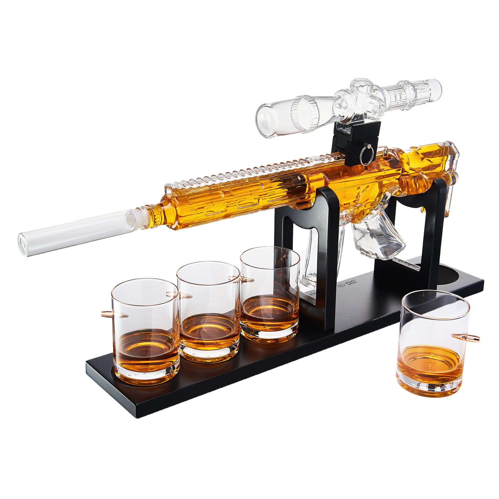 Whiskey Decanter Set - AR Limited Edition, Wooden Silencer Stopper - 800 ml & 4 12oz Bullet Glasses - Unique Gift - Drinking Party Accessory, Gun Liquor Decanter, Tik Tok Gun Decanter Mens Birthday