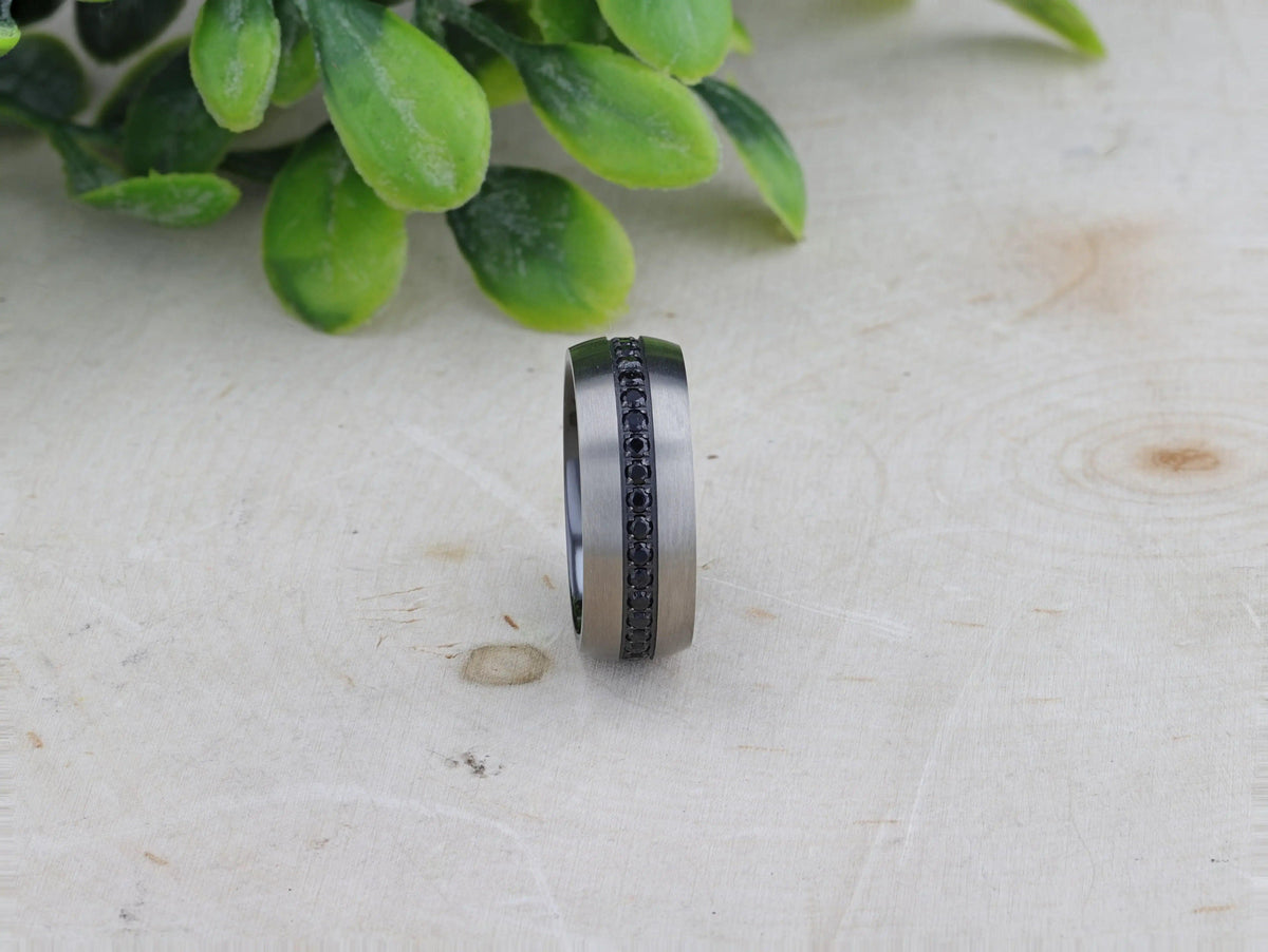 AVIATOR Domed Brushed Titanium Men's Wedding Band with Black Sapphire Stones Inlay - 8mm