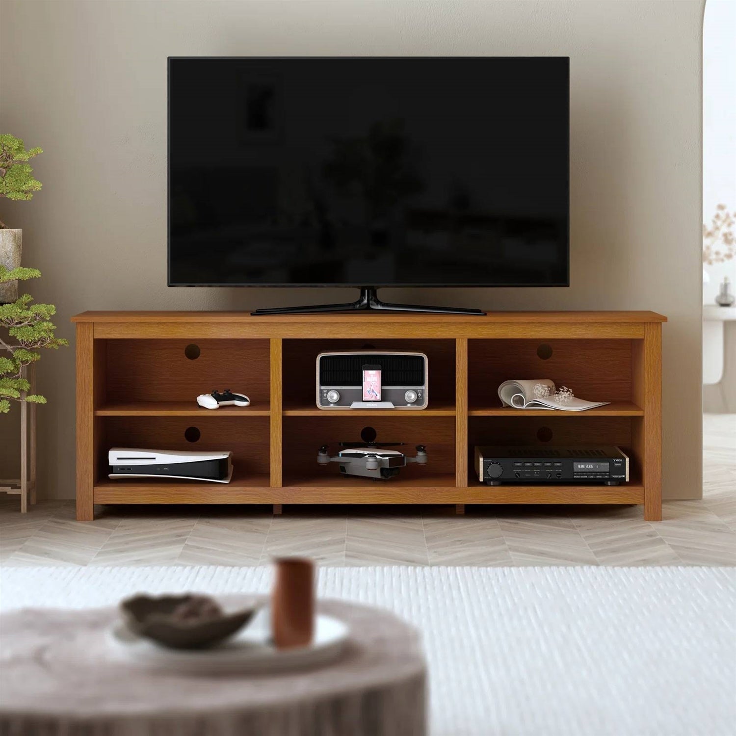 Farmhouse TV Stand in Amber Brown Wood Finish - for TVs up to 70-inch