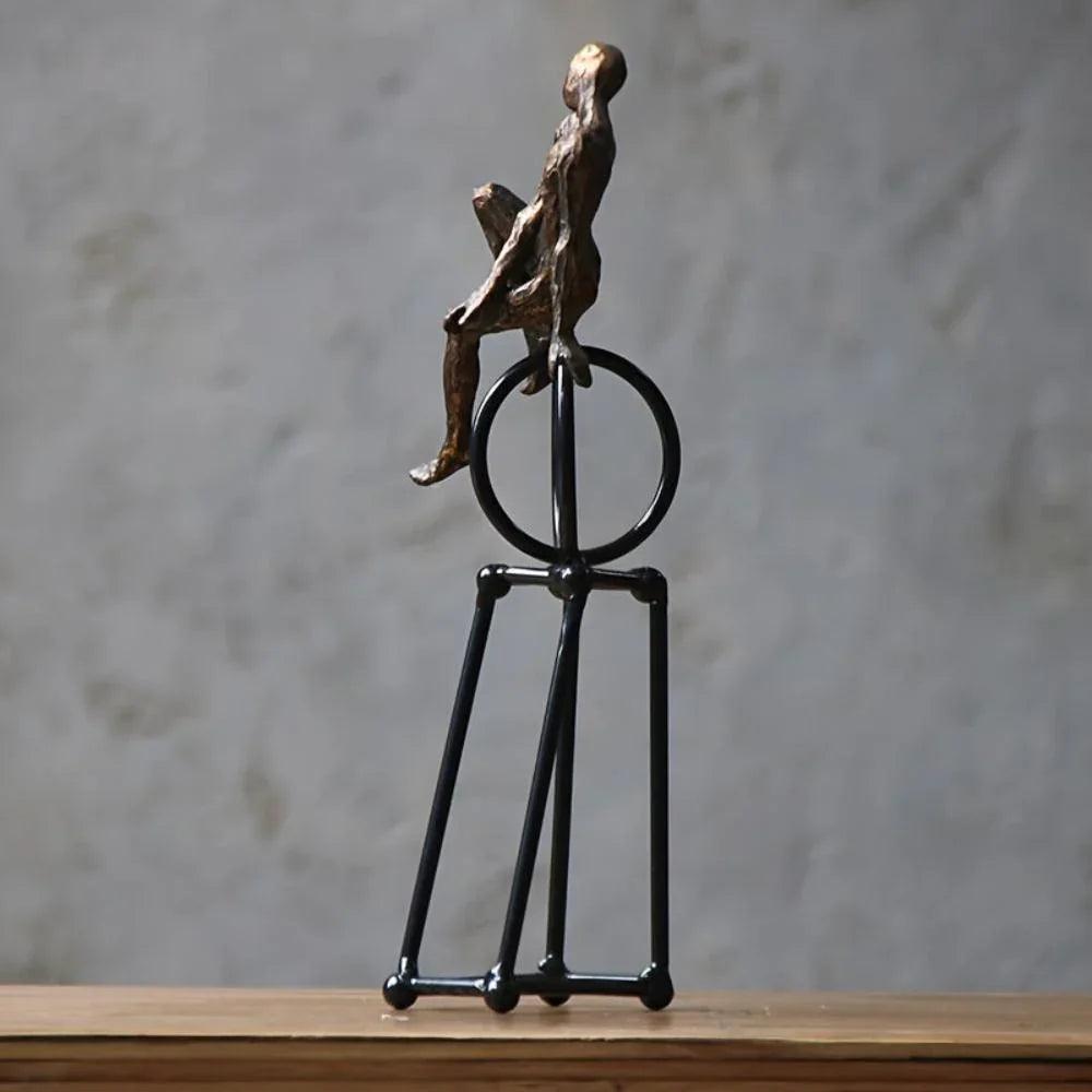 Abstract Seated Figure Sculpture on Geometric Stand – Modern Iron Table Decor