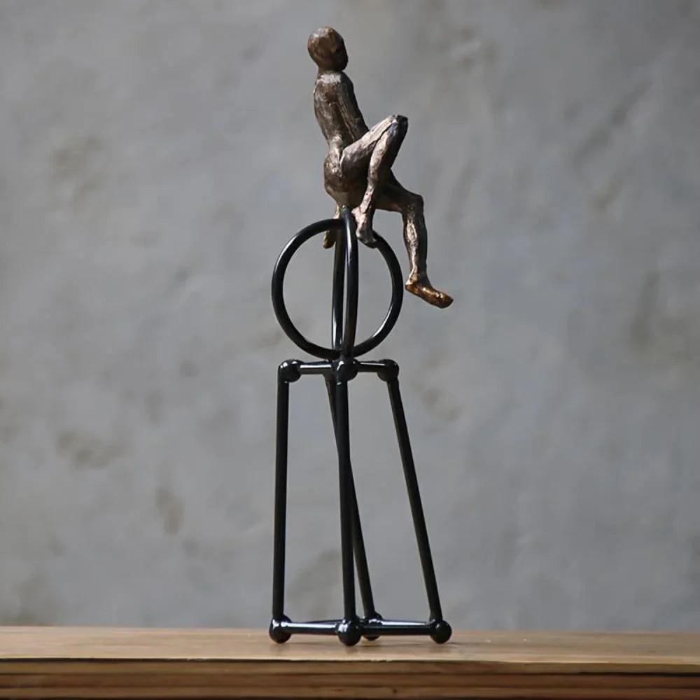 Abstract Seated Figure Sculpture on Geometric Stand – Modern Iron Table Decor