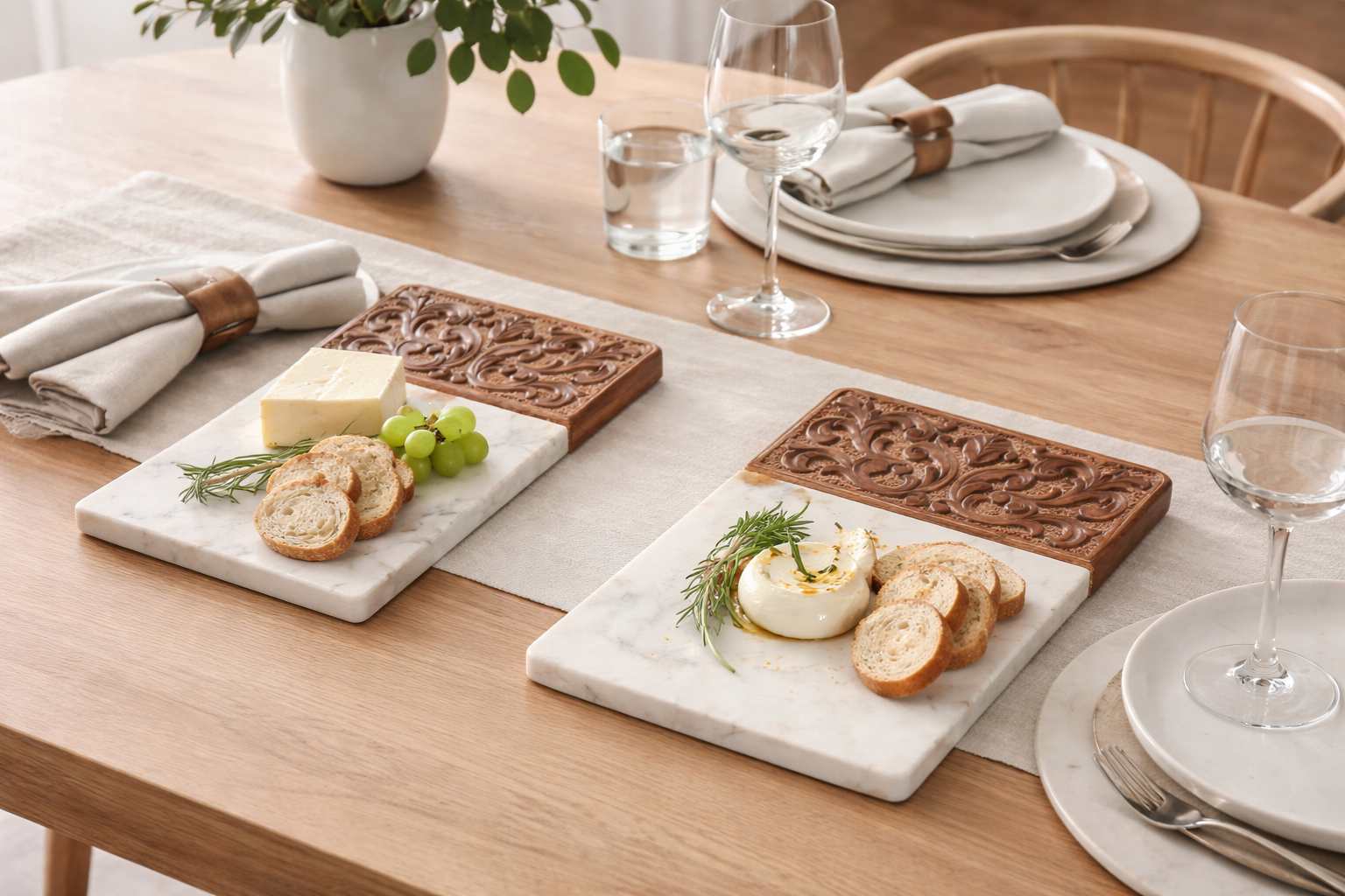 Acanthus Carved Wood and Marble Cutting Board, White - Gifts for You 'n Me