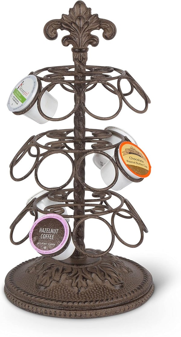 Acanthus Cast Aluminum Coffee Pod Holder by GG Collection. Decorative metal K-cup holder with K-cups on a white background