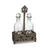 Acanthus Cast Aluminum Oil and Vinegar Bottle Holder, Set of 2 Glass Bottles with Stand