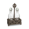 Acanthus Cast Aluminum Oil and Vinegar Bottle Holder, Set of 2 Glass Bottles with Stand