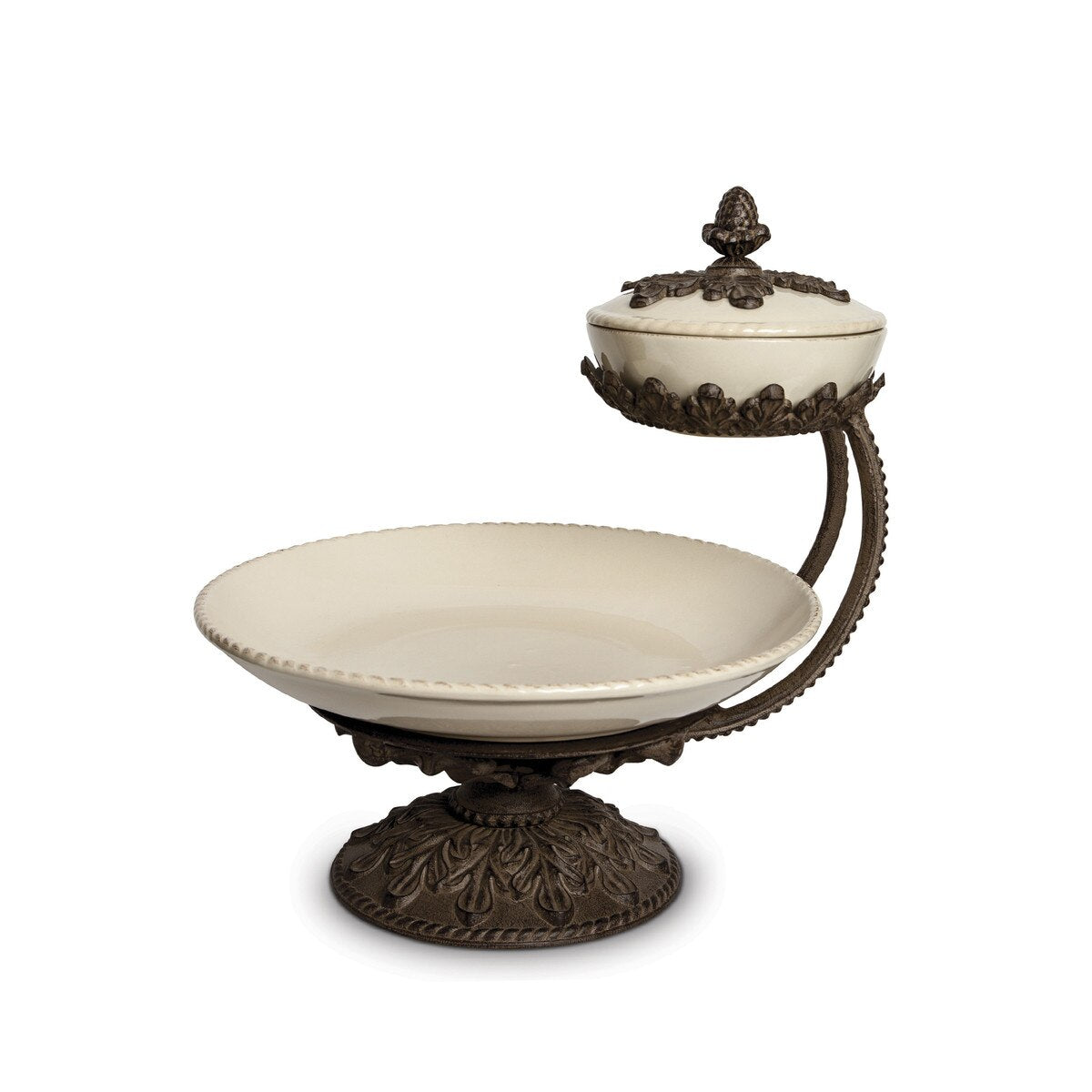 Acanthus Stoneware Chip and Dip Server. Decorative two-tiered stand with ceramic bowls on a white background