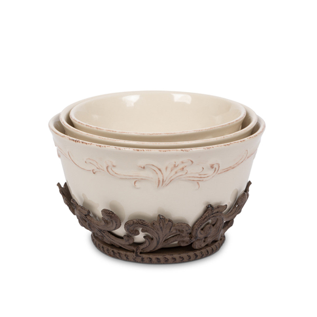 Acanthus Stoneware Nesting Bowls, Set of 3 with Base