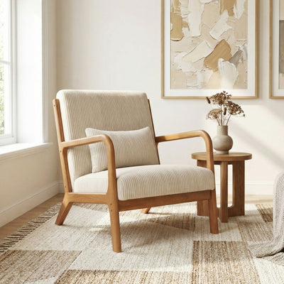 Accent Chair Corduroy Upholstered Lounge Chair with Lumbar Pillow-Beige
