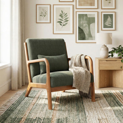 Accent Chair Corduroy Upholstered Lounge Chair with Lumbar Pillow-Green