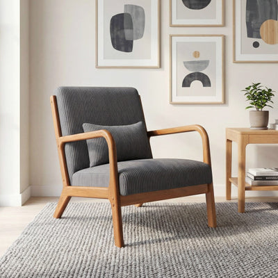 Accent Chair Corduroy Upholstered Lounge Chair with Lumbar Pillow-Gray