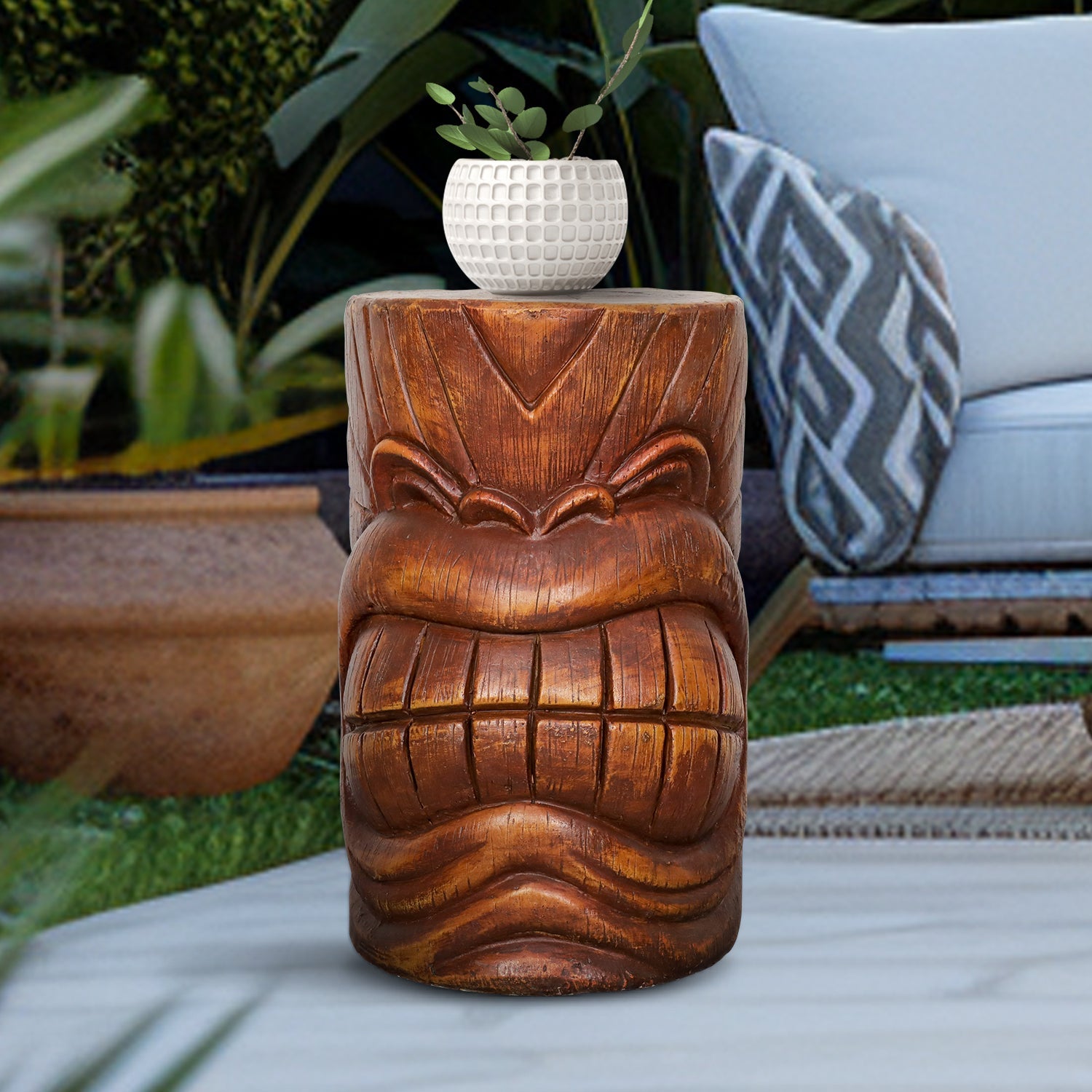 Concrete Hawaiian Tiki Statue Side Table 19 Inch