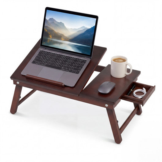 Adjustable Bamboo Laptop Desk with Tilting Top and Adjustable Legs for Wring-Brown
