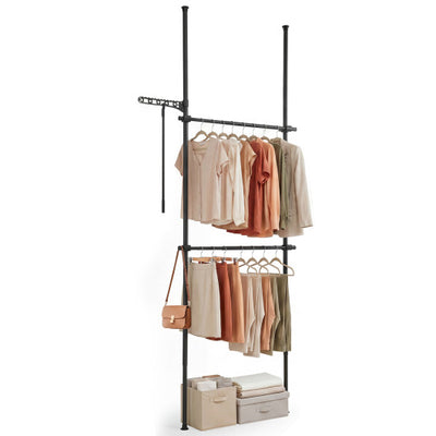 Adjustable Floor to Ceiling Clothes Rack with 2 Hanging Rods-Black