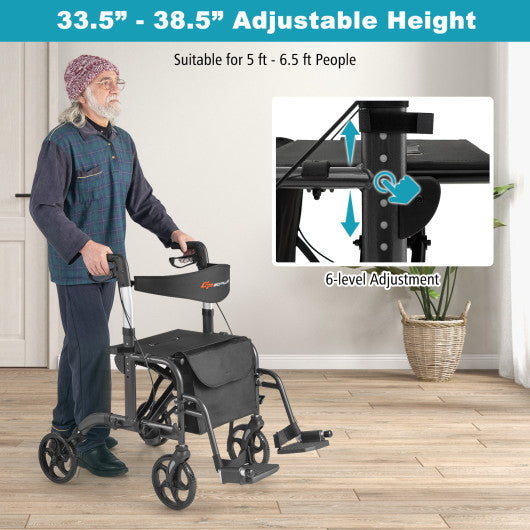 2-in-1 Adjustable Folding Handle Rollator Walker with Storage Space-Black
