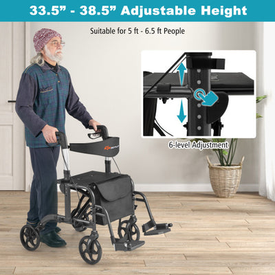 2-in-1 Adjustable Folding Handle Rollator Walker with Storage Space-Black