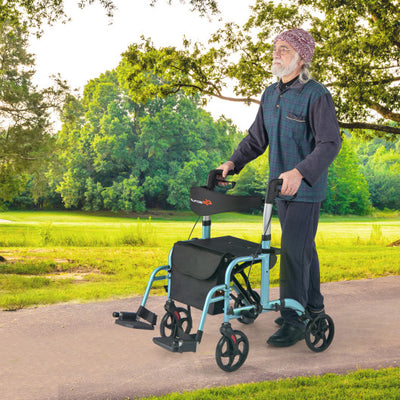 2-in-1 Adjustable Folding Handle Rollator Walker with Storage Space-Blue