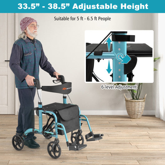 2-in-1 Adjustable Folding Handle Rollator Walker with Storage Space-Blue