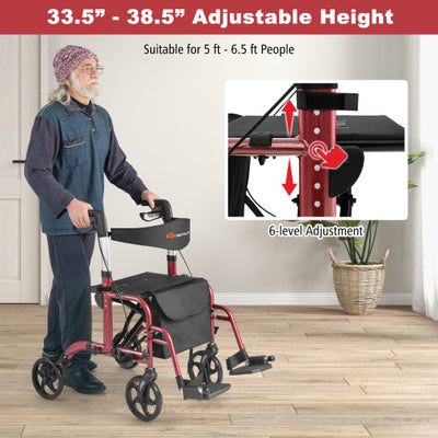 2-in-1 Adjustable Folding Handle Rollator Walker with Storage Space-Red