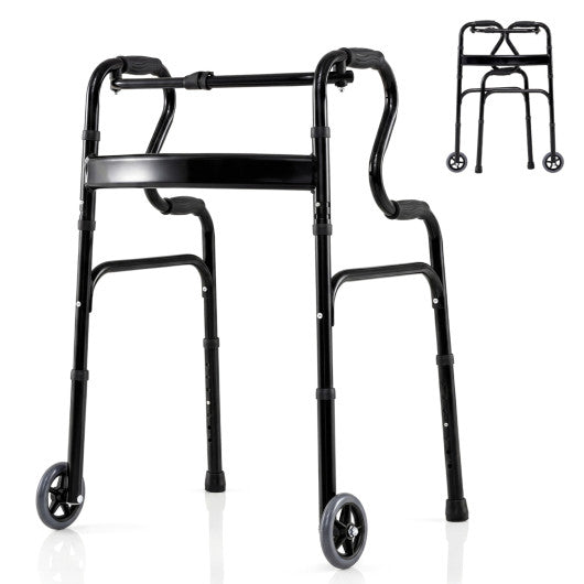 Adjustable Heavy-Duty Folding Walker with Unidirectional Wheels and Bi-Level Armrests-Black