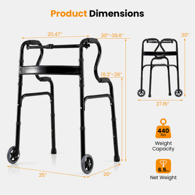 Adjustable Heavy-Duty Folding Walker with Unidirectional Wheels and Bi-Level Armrests-Black