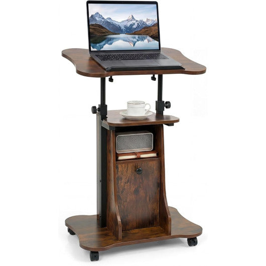 Adjustable Mobile Standing Desk Cart with Tilt Desktop and Cabinet-Rustic Brown