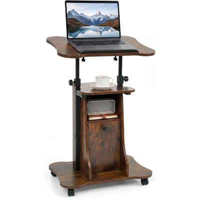 Adjustable Mobile Standing Desk Cart with Tilt Desktop and Cabinet-Rustic Brown