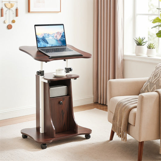 Adjustable Mobile Standing Desk Cart with Tilt Desktop and Cabinet-Brown