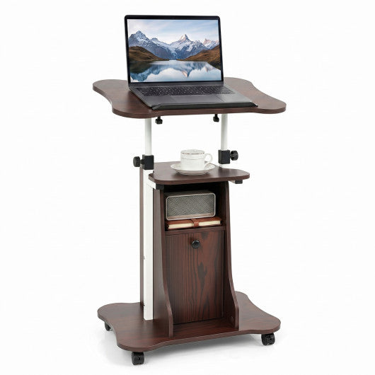 Adjustable Mobile Standing Desk Cart with Tilt Desktop and Cabinet-Brown