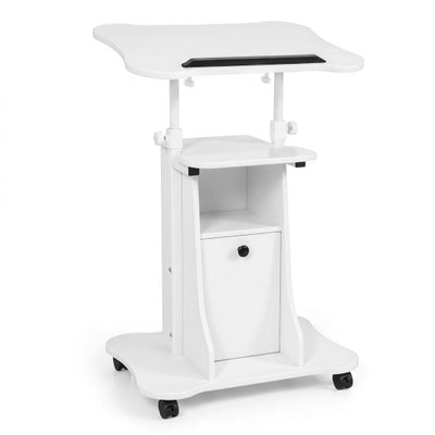 Adjustable Mobile Standing Desk Cart with Tilt Desktop and Cabinet-White