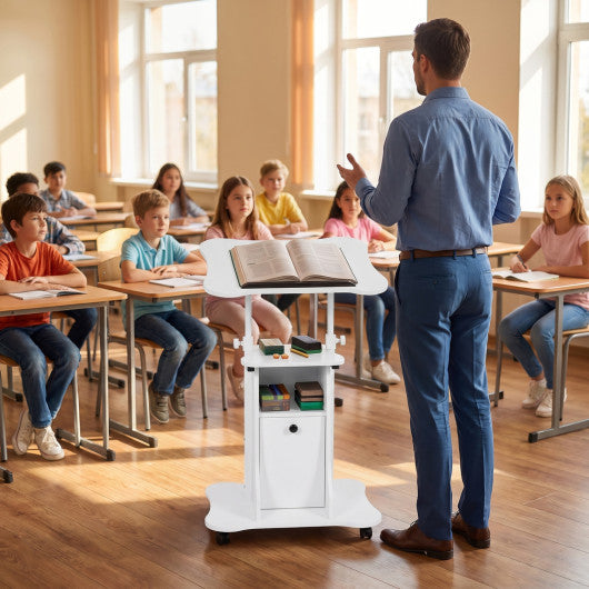 Adjustable Mobile Standing Desk Cart with Tilt Desktop and Cabinet-White
