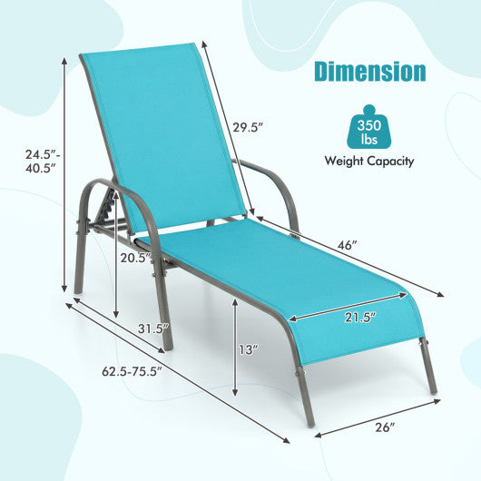 Adjustable Patio Chaise Folding Lounge Chair with Backrest-Turquoise